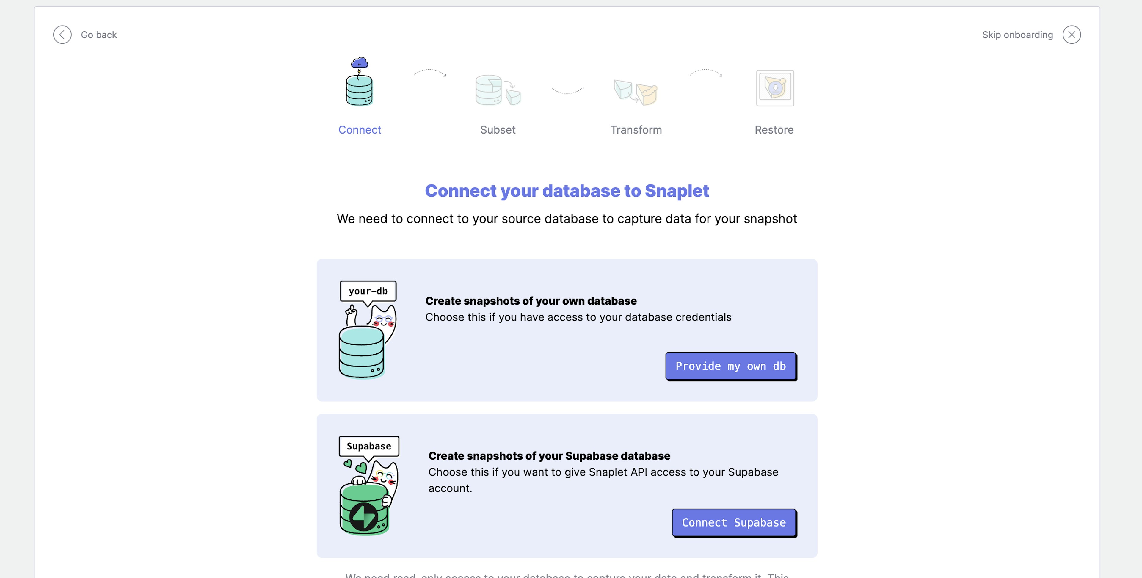 Snaplet onboarding connect your database