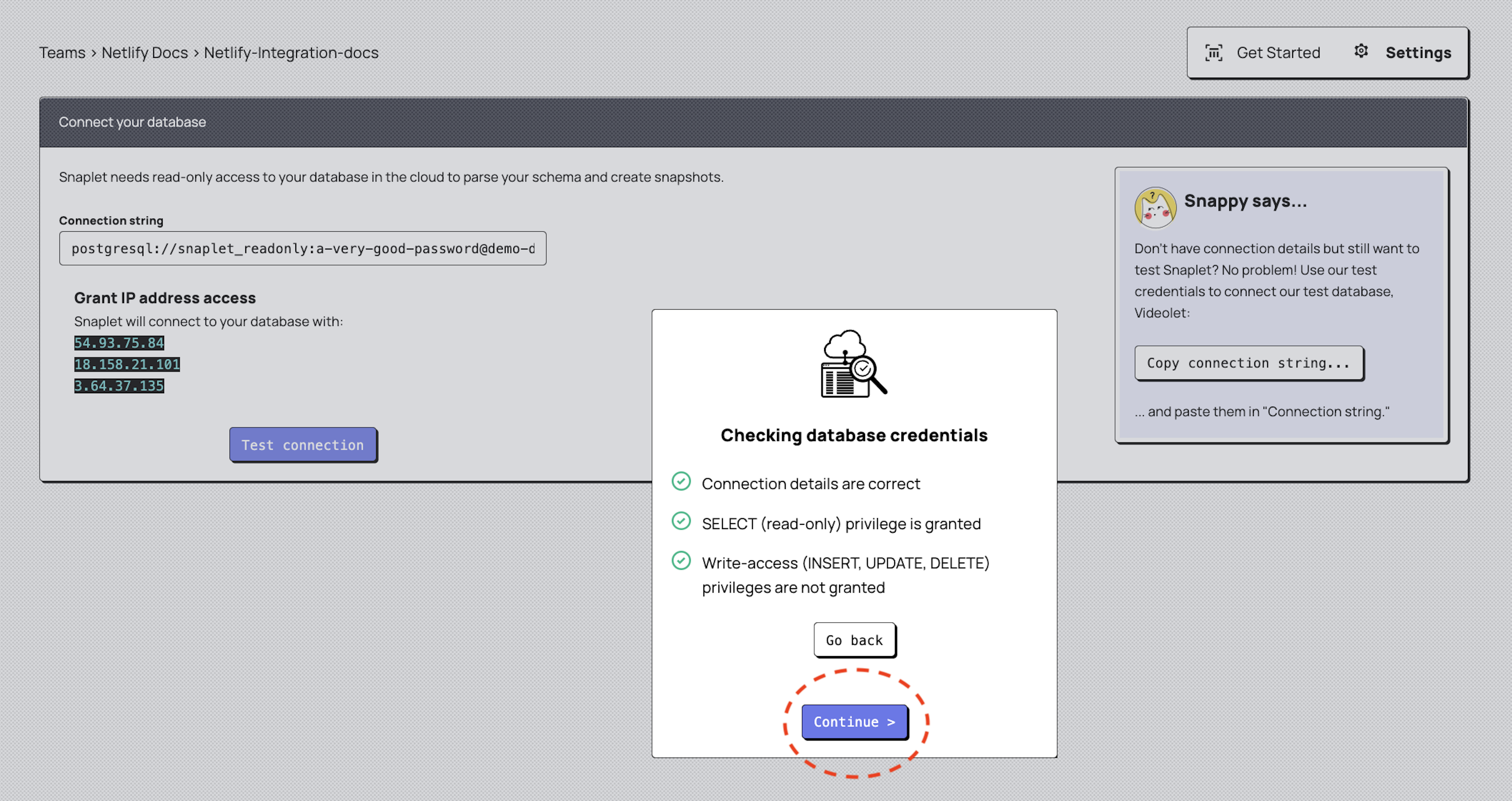 Snaplet testing your database credentials